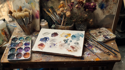 水彩调色盘与画笔