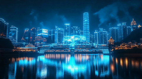 城市夜景灯火辉煌高楼林立水面倒影