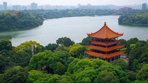 湖景中的红色楼阁鸟瞰图