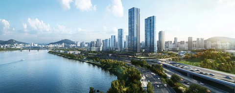 城市河流边的高楼林立的现代都市景象