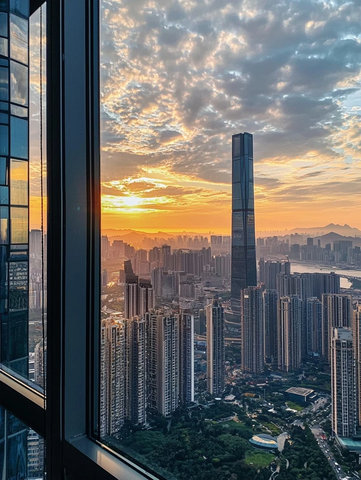 透过窗户拍摄的城市高楼日出景象