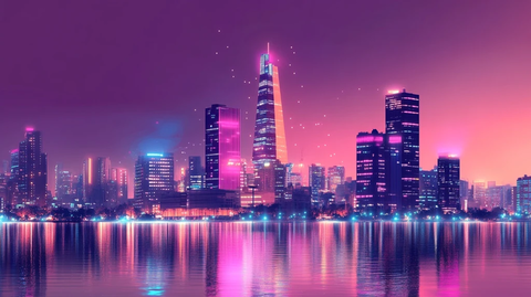 城市夜景灯光璀璨高楼大厦倒映在水面上