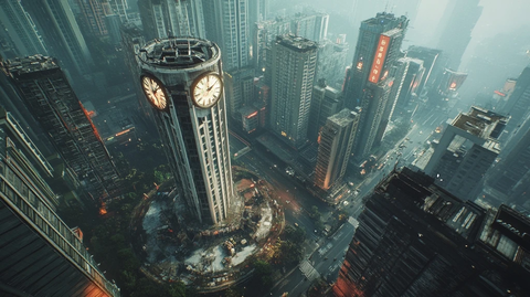 城市中心带钟楼的高楼鸟瞰全景