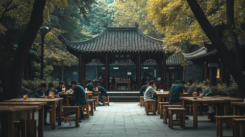 中式亭子里人们围坐喝茶聊天的悠闲场景