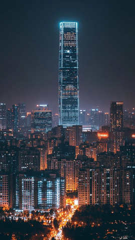 城市夜景俯瞰视角下的摩天大楼