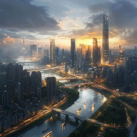 现代化都市的河流桥梁与摩天大楼全景