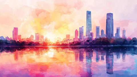 城市天际线倒映在水中的美丽景象