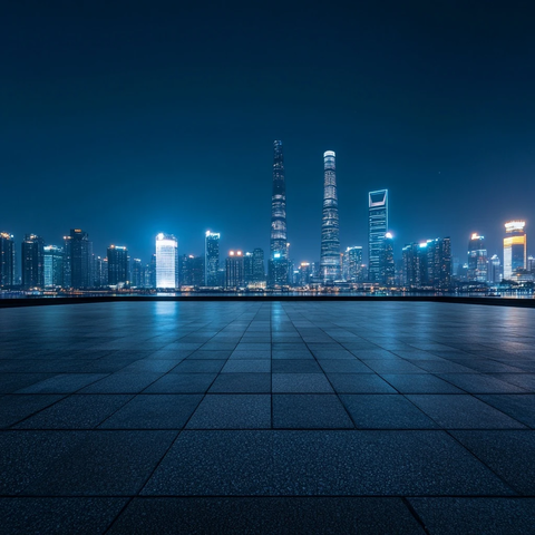 城市夜景下的空旷广场与璀璨摩天大楼