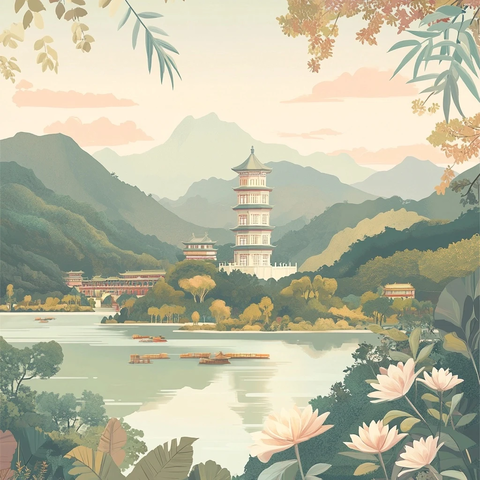 山水之间的古塔及湖泊景色