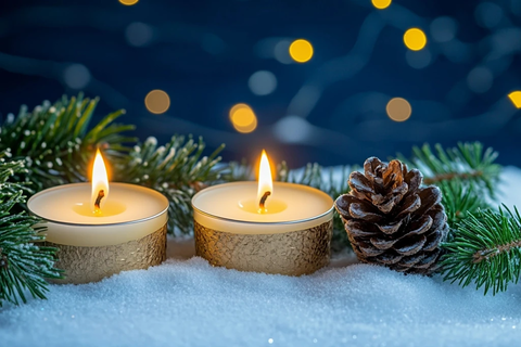 雪中蜡烛与松果