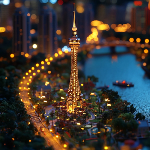 灯火璀璨的城市中闪耀的高塔夜景