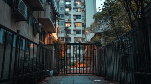 铁门背后的老旧居民楼