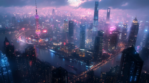 雾霭中俯瞰城市繁华夜景