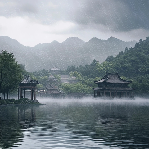 雨中古建筑群环绕的湖泊全景