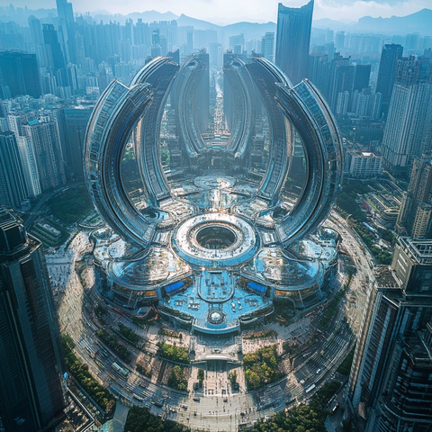 现代化大都市中的独特建筑鸟瞰全景