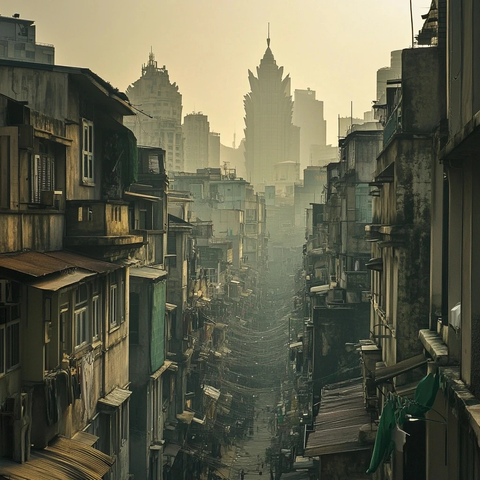 狭窄街道旁老旧建筑与远处高楼的对比