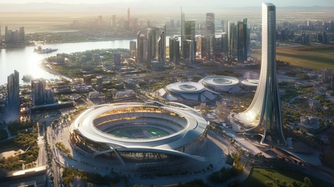 现代化都市中的大型体育场鸟瞰全景
