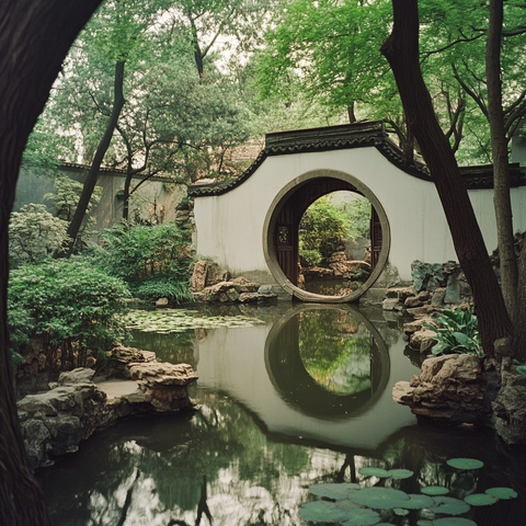 中式园林景观之圆形拱门与池塘相映成趣