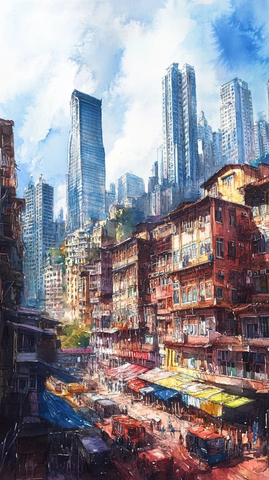 高楼大厦间的市井街道景象