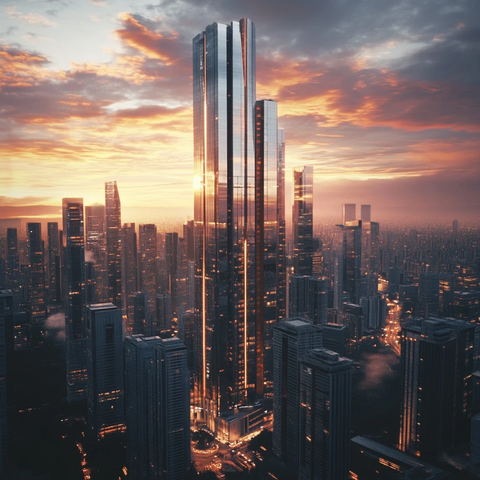 城市中心区摩天大楼的壮丽黄昏景象