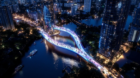 夜色中的城市河流与桥梁的灯光夜景