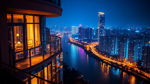 高层阳台俯瞰城市河流夜景