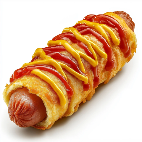 玉米热狗配番茄酱和芥末