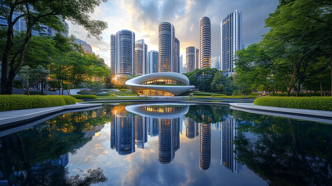 现代都市建筑倒映在园林水池中的景象