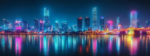 城市夜景灯光璀璨的摩天大楼倒影水面