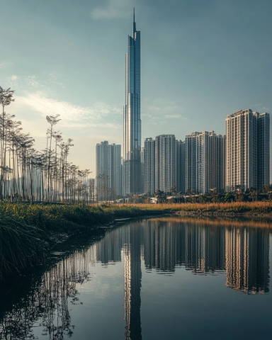 现代都市高楼倒映在水域的城市风光