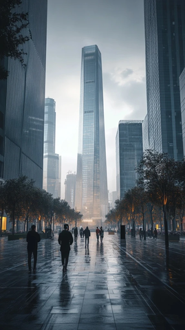 城市高楼间街道上的行人