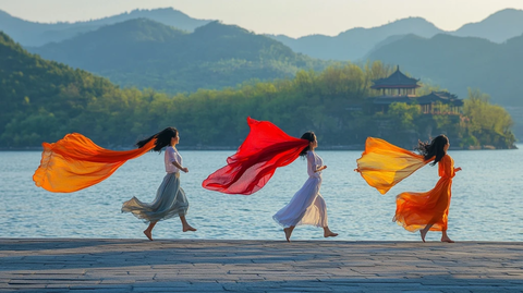 湖边三位女子随风舞动的唯美场景