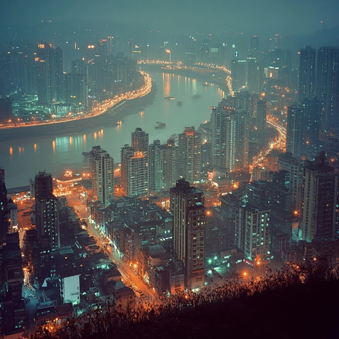 城市夜景俯瞰河流两岸灯火璀璨的景象