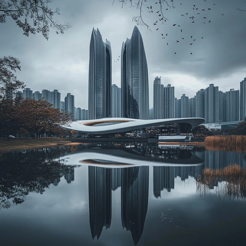 现代都市建筑与水景倒影相映的城市景观