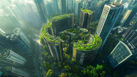 空中俯瞰绿意盎然的现代化都市建筑群