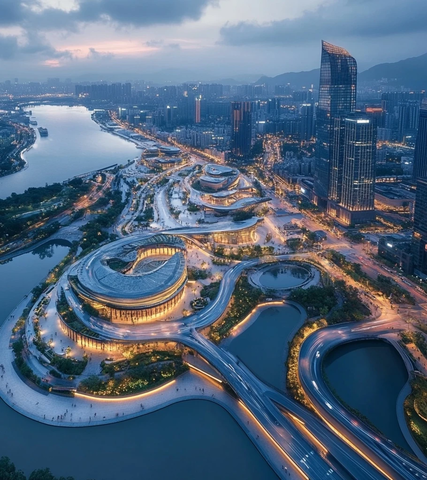城市地标建筑群夜景鸟瞰全景