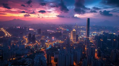 暮色下的城市灯火辉煌全景