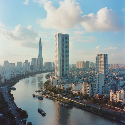 城市河流边的高楼建筑全景