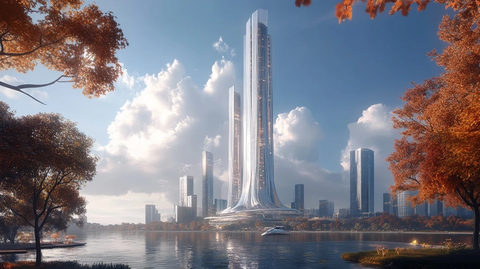 现代都市临水处的摩天大楼景观