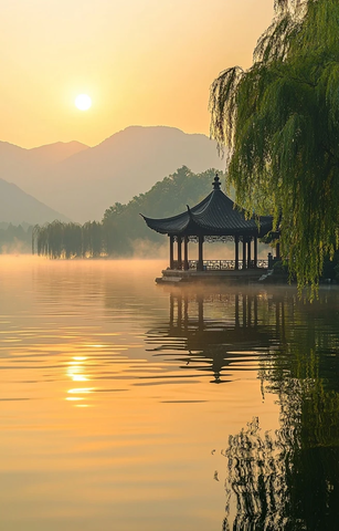 晨曦中水上古亭的静谧景象