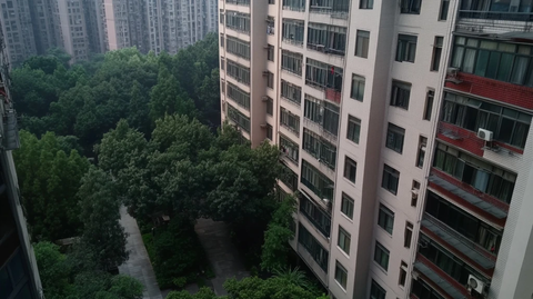 俯拍视角下的绿树与居民楼景致