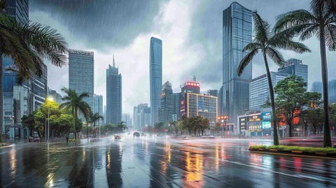 雨中城市街道高楼大厦林立车水马龙