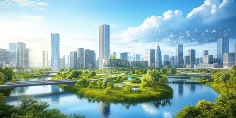 现代化都市中绿水环绕的城市景观