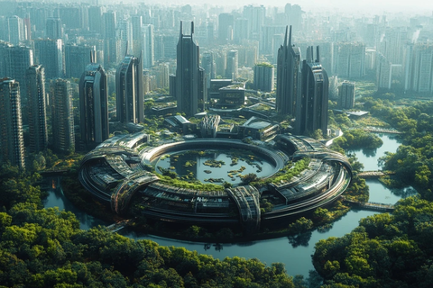 现代化都市中的特色圆形建筑鸟瞰全景