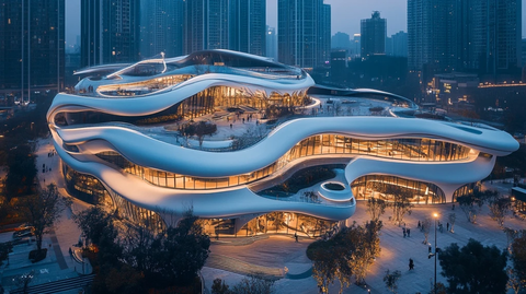 城市中造型独特的现代建筑夜景鸟瞰图