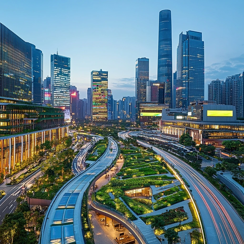 现代化都市夜景中的独特建筑与绿化设计