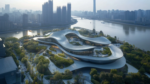 城市河畔的现代艺术建筑鸟瞰全景
