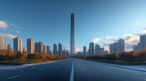 城市道路边的摩天大楼全景