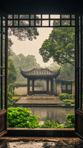 中式亭子雨中园林景观