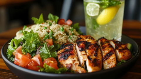 烤鸡沙拉配藜麦和柠檬薄荷水